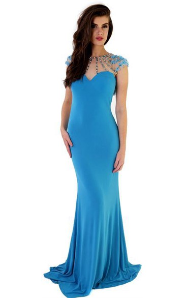 Sheath Long Cap-Sleeve High-Neck Beaded Jersey Prom Dress With Flower