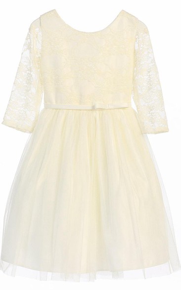 Tea-Length Bowed Lace&Satin Flower Girl Dress