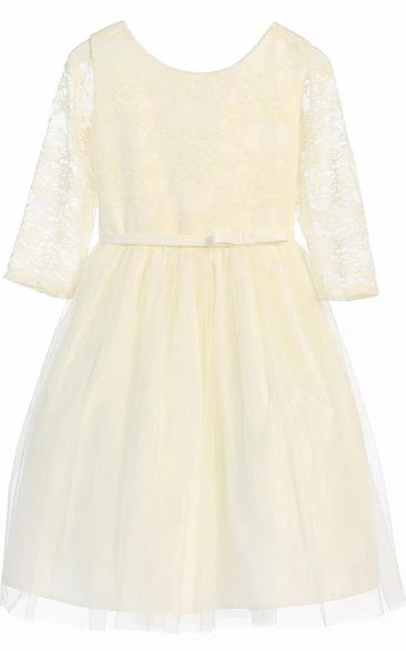 Tea-Length Bowed Lace&Satin Flower Girl Dress