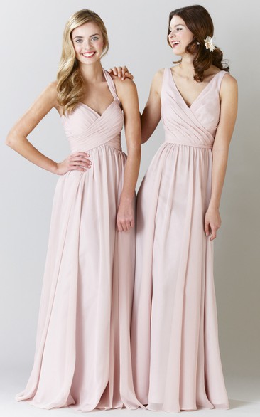 Maxi Criss-Cross Halter Sleeveless Chiffon Bridesmaid Dress With Pleats
