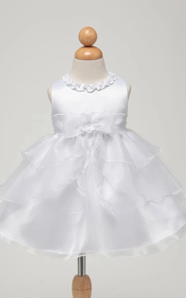 Tea-Length Bowed Sleeveless Organza&Satin Flower Girl Dress