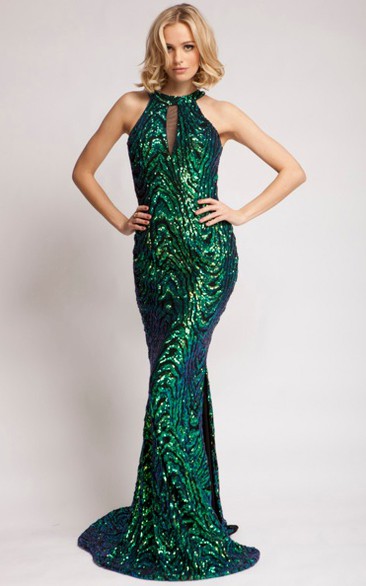 Sheath Sleeveless Floor-Length High-Neck Sequins Prom Dress