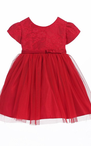 Tea-Length Bowed Lace&Satin Flower Girl Dress
