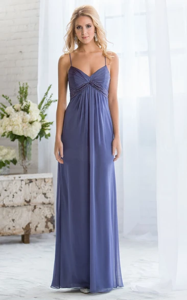 Sleeveless V-Neck Long Gown With Spaghetti Straps And Beadings