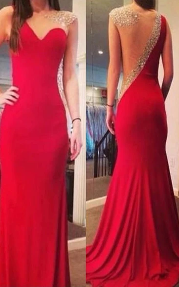 sheath Sleeveless Chiffon Sweep Train Beading Dresses