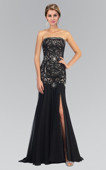 Sheath Long Strapless Sleeveless Chiffon Zipper Dress With Beading And Split Front