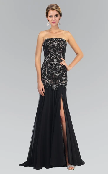 Sheath Long Strapless Sleeveless Chiffon Zipper Dress With Beading And Split Front