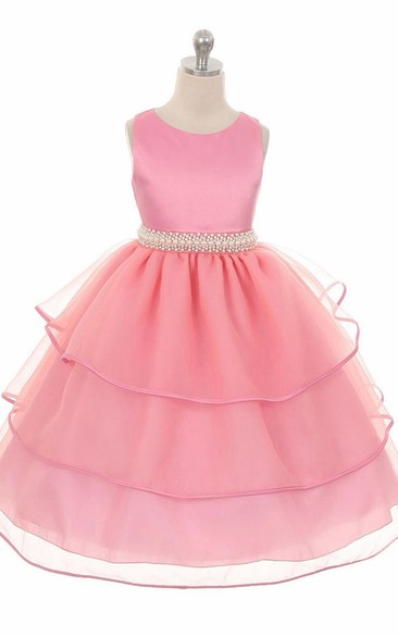 Tea-Length Beaded Sleeveless Organza&Satin Flower Girl Dress