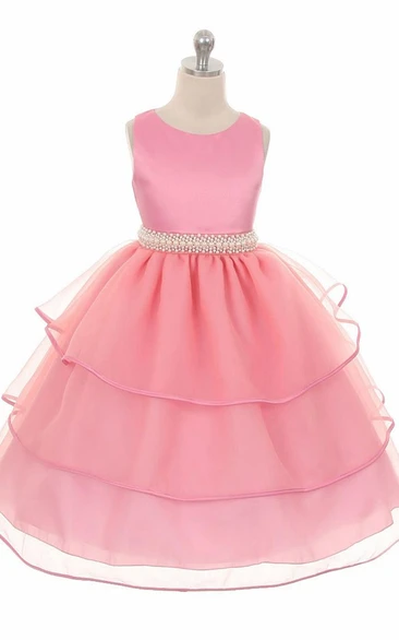 Tea-Length Beaded Sleeveless Organza&Satin Flower Girl Dress