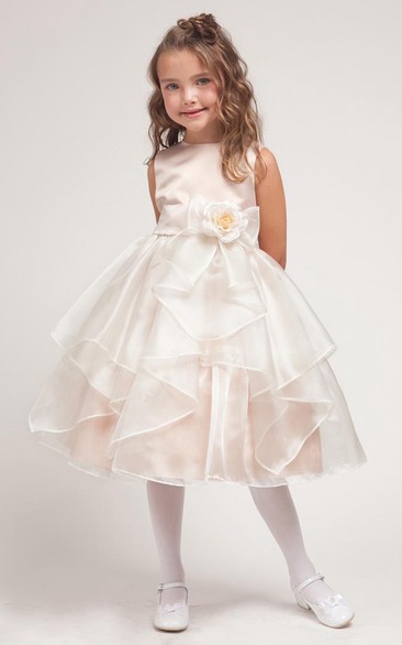 Tea-Length Split-Front Bowed Organza&Satin Flower Girl Dress
