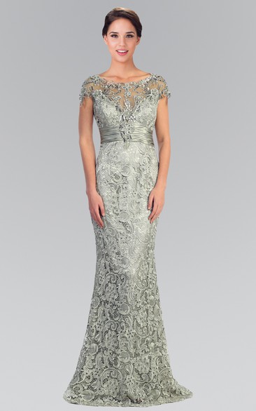 Sheath Long Bateau Short Sleeve Lace Dress With Sequins