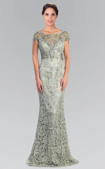 Sheath Long Bateau Short Sleeve Lace Dress With Sequins