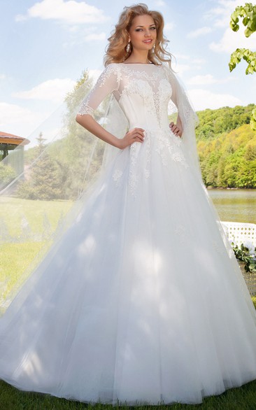 Ball Gown Bateau Neck Illusion Sleeve Appliqued Tulle Wedding Dress