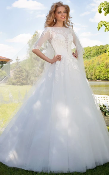 Ball Gown Bateau Neck Illusion Sleeve Appliqued Tulle Wedding Dress