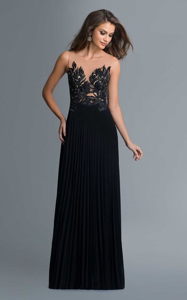 A-Line Scoop-Neck Sleeveless Jersey Illusion Dress With Appliques And Pleats