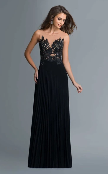 A-Line Scoop-Neck Sleeveless Jersey Illusion Dress With Appliques And Pleats