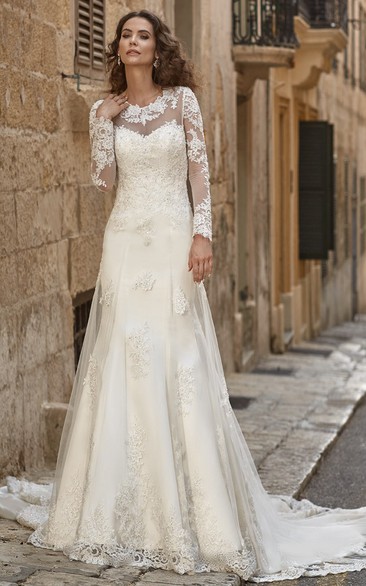 A-Line Appliqued Scoop-Neck Floor-Length Long-Sleeve Lace Modest Wedding Dress
