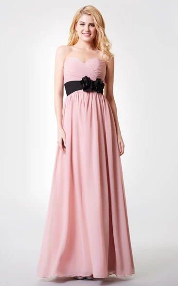 Sweetheart Ruched Floral Backless A-line Long Chiffon Dress