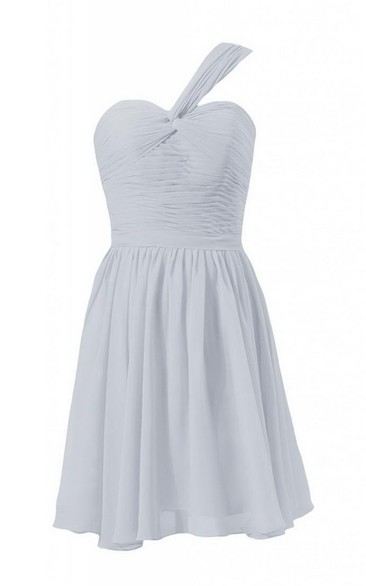 One-shoulder Mini Chiffon Dress With Ruched Bodice