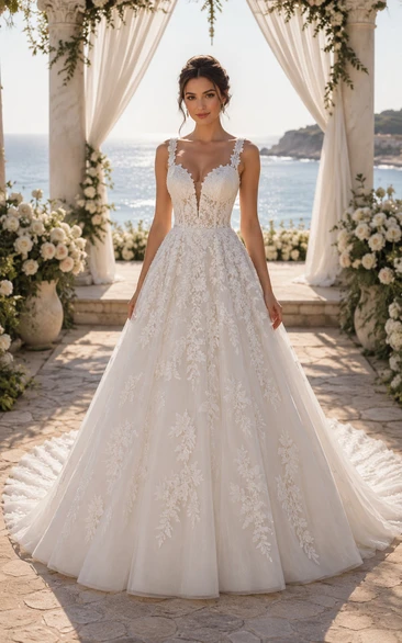 Princess A-Line Lace Wedding Dress with Illusion Bodice and Chapel Train