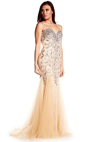Mermaid Sleeveless Sweetheart Tulle Prom Dress With Brush Train