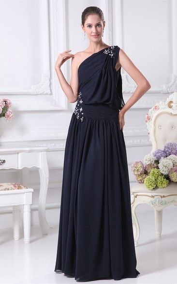 One-Shoulder Pleated Chiffon Corset Back and Gown With Beading