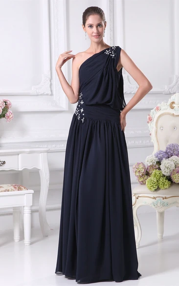 One-Shoulder Pleated Chiffon Corset Back and Gown With Beading