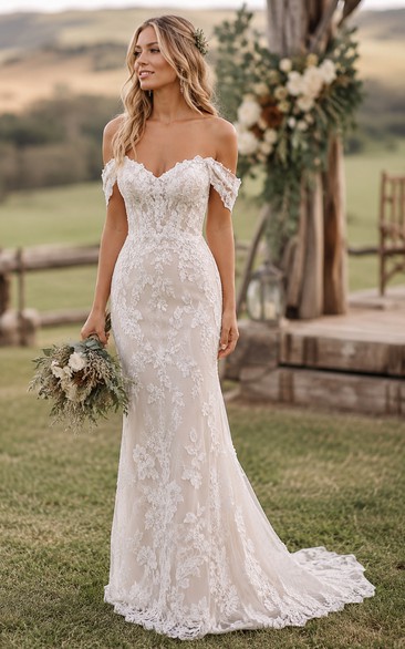 Country Off-the-shoulder Lace Mermaid/Trumpet Wedding Dress with Lace