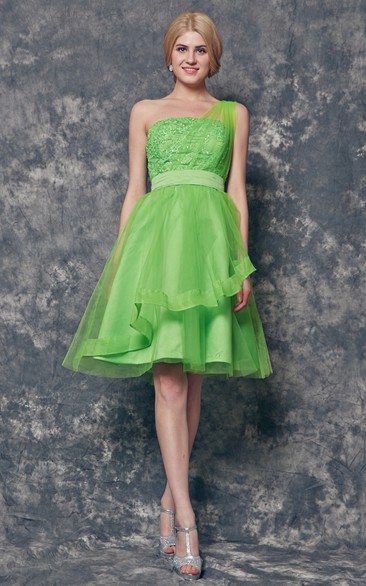 One Shoulder Appliqued Short Tulle Dress With Tiers