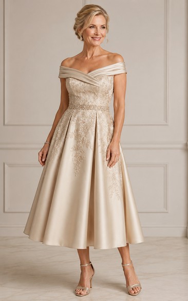 Champagne Off Shoulder Tea Length Mother Dress Champagne Off-the-shoulder Sweetheart A-Line Tea-length