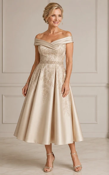 Champagne Off Shoulder Tea Length Mother Dress Champagne Off-the-shoulder Sweetheart A-Line Tea-length