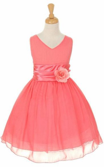 V-Neck Knee-Length Tiered Chiffon&Satin Flower Girl Dress