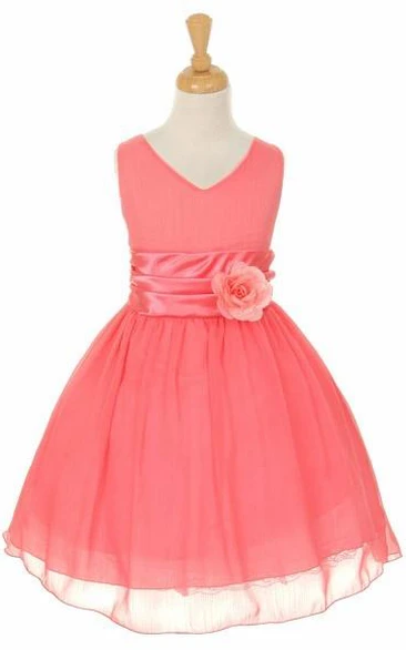 V-Neck Knee-Length Tiered Chiffon&Satin Flower Girl Dress