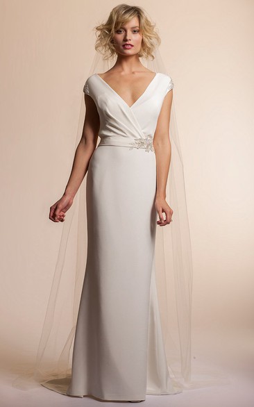 Floor-Length V-Neck Jeweled Cap-Sleeve Chiffon Simple Wedding Dress