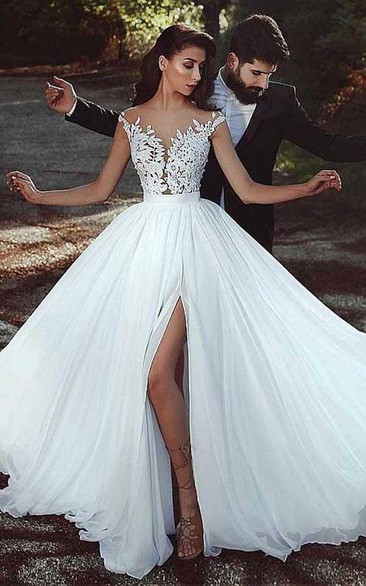 Elegant Front Split A-line Empire Chiffon Wedding Dress with Lace Top