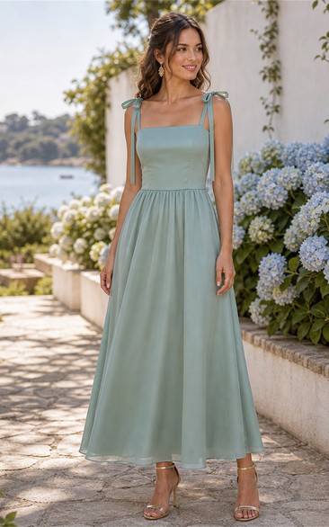 Sage Chiffon Tie Strap A-Line Tea-Length Dress