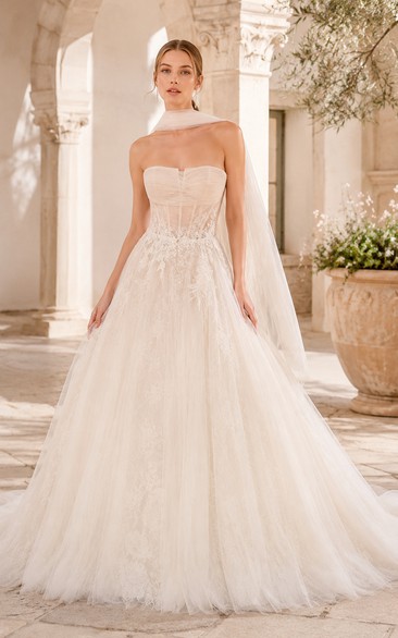 Wedding Ball Gown Tulle Dress with Strapless Lace Bodice and Chapel Train
