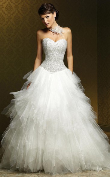 Ball Gown Ruffled Sweetheart Tulle Wedding Dress With Beading And Court Train