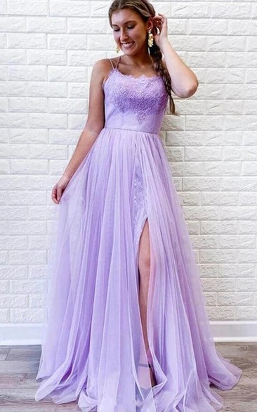 Spaghetti Empire Tulle Pleated Lilac Prom Dress
