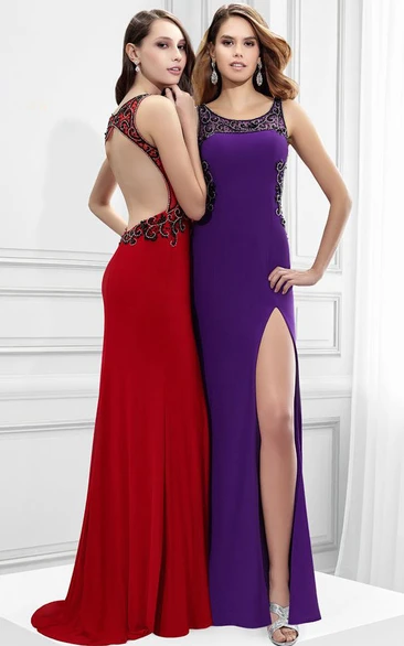 Beaded Scoop Neck Sleeveless Jersey Prom Dress