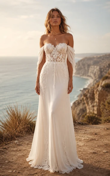 Beach Simple Casual Summer Sheath Wedding Dress Off Shoulder Cap Sleeve Sweetheart Lace Chiffon Floor Length Sweep Train Ivory