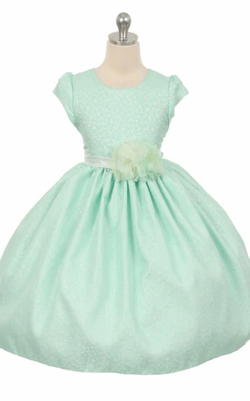 Tea-Length Floral Beaded Floral Flower Girl Dress With Sash