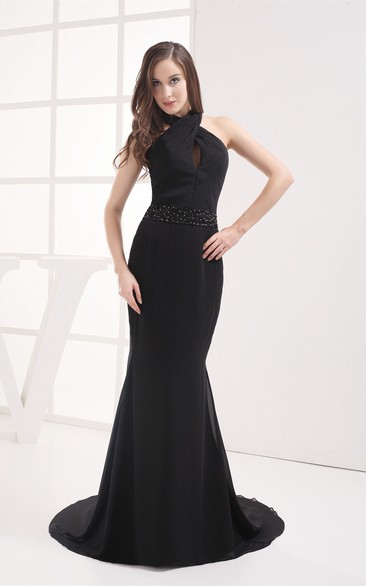 Sleeveless Floor-Length Mermaid Jeweled Waist and Dress With Halter