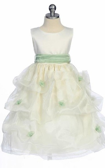 Tea-Length Ruched Organza&Satin Flower Girl Dress