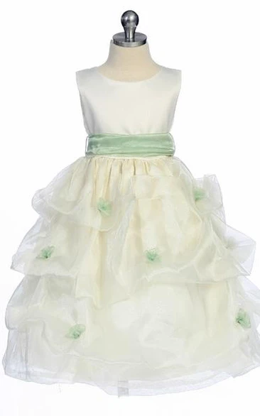 Tea-Length Ruched Organza&Satin Flower Girl Dress