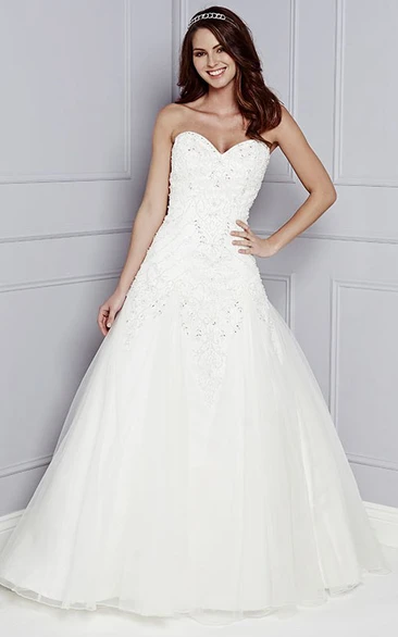 A-Line Long Sweetheart Sleeveless Beaded Tulle Wedding Dress