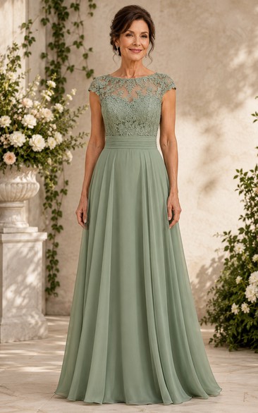 Sage Lace Cap Sleeve Chiffon A-Line Dress