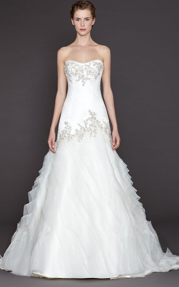 A-Line Beaded Sleeveless Sweetheart Floor-Length Organza Wedding Dress With Tiers And Ruffles
