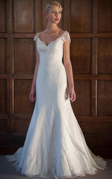 A-Line Appliqued V-Neck Cap-Sleeve Long Lace Wedding Dress With Beading