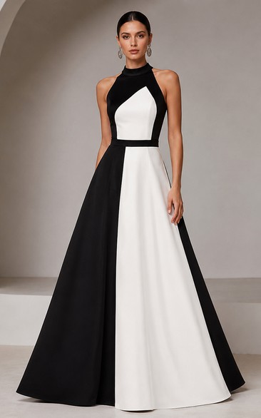 A-Line Satin Evening Dress with Halter, Sleeveless and Color Block Pleats, Floor Length